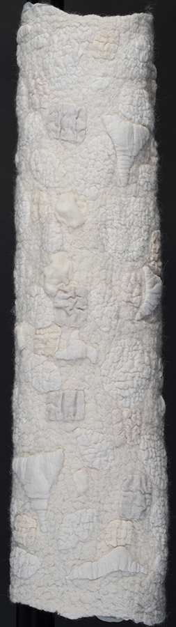 Silk, inclusions and white velvet felted tube by Pearl Taylor